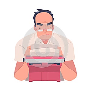 Man Writer Character in Glasses at Typewriter Writing Book Engaged in Creative Literary Work Vector Illustration