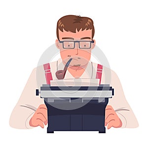 Man Writer Character at Typewriter with Smoking Pipe Writing Book Engaged in Creative Literary Work Vector Illustration