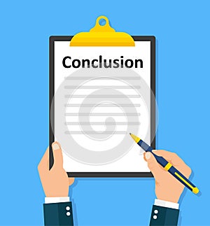 Man writes conclusion. Paperwork, sheets in folder flat design - stock vector photo