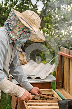 A man writes on a farm in a bee hive