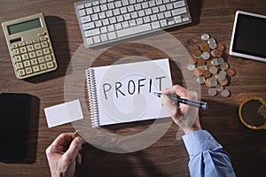 Man writes text Profit in notepad