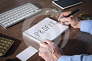 Man writes text Profit in notepad