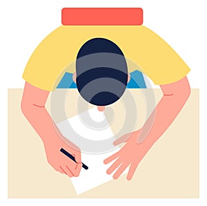 Man writing paper document. Person top view