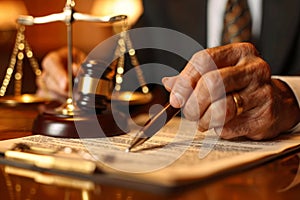 A man is writing on a piece of paper with a pen in front of a scale of justice