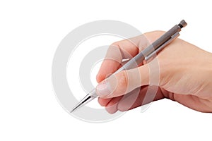 Man writing with a simple modern silver pen, hand isolated on white background, cut out, writing gesture, hand closeup. Signing a