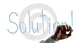 Man writing solution word on white background, find way to solve problem