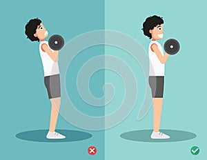 Man wrong and right dumbbell curl posture,vector illustration