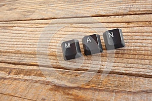 MAN wrote with keyboard keys on wooden background