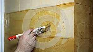 Man's Hand Painting A Wall With Paint Brush