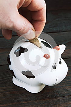 A man& x27;s hand puts a coin in the piggy bank on a wooden background.Saving money. Family budget. Money box on a wooden photo