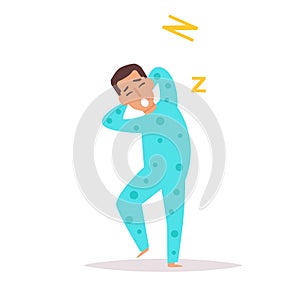 Man yawns and stretches. Vector. Cartoon.