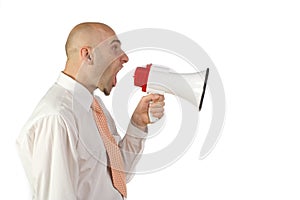 Man yelling into bullhorn