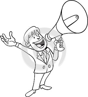Man yelling by megaphone. Clip art illustration