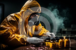 A man in a yellow chemical protective suit and mask is sitting at the table in a dark room