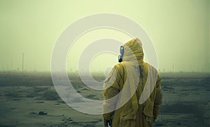 Man in a yellow hazmat suit standing in a field