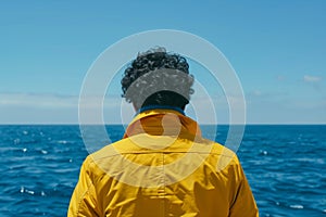 Man in yellow jacket gazing at calm sea