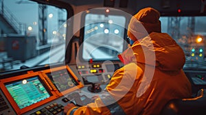 A man in a yellow jacket and a hat stands in front of the control panel of a ship.
