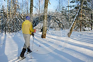 A man in a yellow jacket i walking on snowy woods on wooden skis