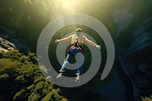 A man in a yellow jacket and jeans is jumping from a cliff into the abyss, Extreme Bungee jumping on the mountain, top view, no