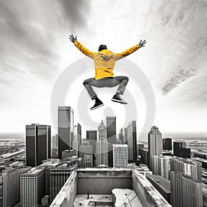 A man in yellow jacket jumping off a building into the air, AI