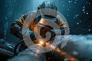 A man in a yellow jacket is working on a pipe