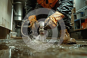 A man in a yellow jacket is working on a pipe