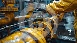 A man in a yellow jacket is working on a yellow pipe