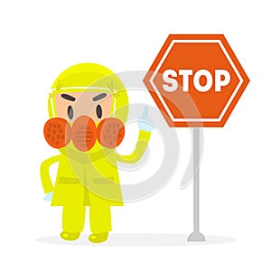 Man in Yellow Protective Costume and Gas Mask Standing with Red Stop Sign Vector Illustration