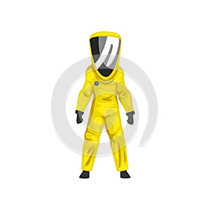 Man in Yellow Radiation Protective Suit and Helmet, Chemical or Biohazard Professional Safety Uniform Vector