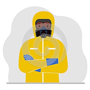 A man in a yellow radiation protective suit and a helmet with a respirator, chemical or biological safety uniform