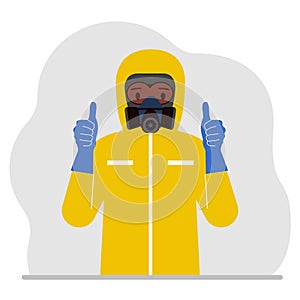 A man in a yellow radiation protective suit and a helmet with a respirator, chemical or biological safety uniform