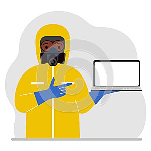 A man in a yellow radiation protective suit and a helmet with a respirator, chemical or biological safety uniform. Holds