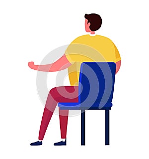 Man in yellow shirt sitting on blue chair, red pants, casual style. Person resting, empty space for dialogue, relaxed