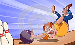 A man in a yellow t-shirt throws a bowling ball and falls on the playing track, a man playing bowling on a blue background