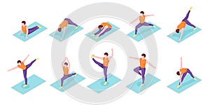 Man yoga poses, boy fitness exercise, isometric