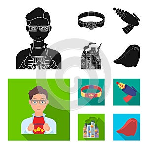 Man, young, glasses, and other web icon in black, flat style. Superman, belt, gun icons in set collection.