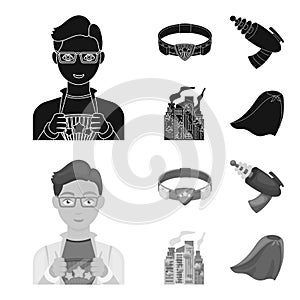 Man, young, glasses, and other web icon in black,monochrom style. Superman, belt, gun icons in set collection.