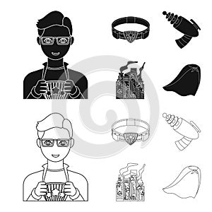 Man, young, glasses, and other web icon in black,outline style. Superman, belt, gun icons in set collection.