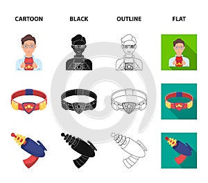 Man, young, glasses, and other web icon in cartoon,black,outline,flat style. Superman, belt, gun icons in set collection