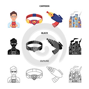 Man, young, glasses, and other web icon in cartoon,black,outline style. Superman, belt, gun icons in set collection.