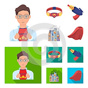 Man, young, glasses, and other web icon in cartoon,flat style. Superman, belt, gun icons in set collection.