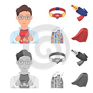 Man, young, glasses, and other web icon in cartoon,monochrome style. Superman, belt, gun icons in set collection.