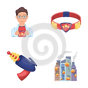 Man, young, glasses, and other web icon in cartoon style. Superman, belt, gun icons in set collection.