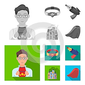 Man, young, glasses, and other web icon in monochrome,flat style. Superman, belt, gun icons in set collection.