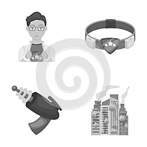 Man, young, glasses, and other web icon in monochrome style. Superman, belt, gun icons in set collection.