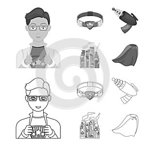 Man, young, glasses, and other web icon in outline,monochrome style. Superman, belt, gun icons in set collection.