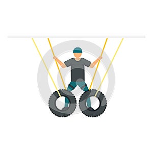 Man zip line tires icon, flat style