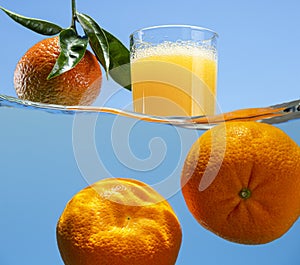 Manadrins under water against the background of a glass with an orange drink