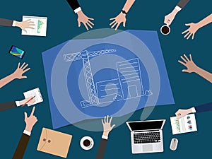 Manage company development or build a startup company concept illustration with hand team work together on top of the