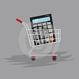 Manage count or calculate your shopping. Calculator in shopping cart. Vector illustration.